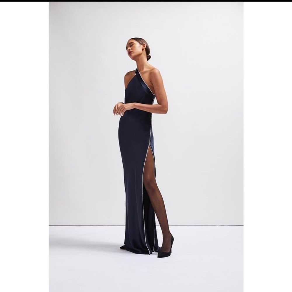 Michelle Mason One Shoulder Crystal Satin Gown